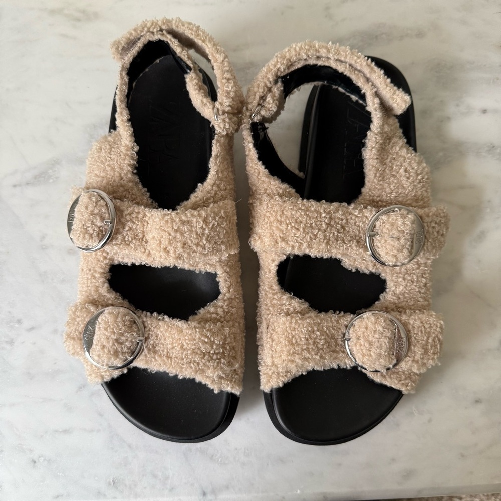 Zara Cream Sherpa Buckled Sandals Size 38